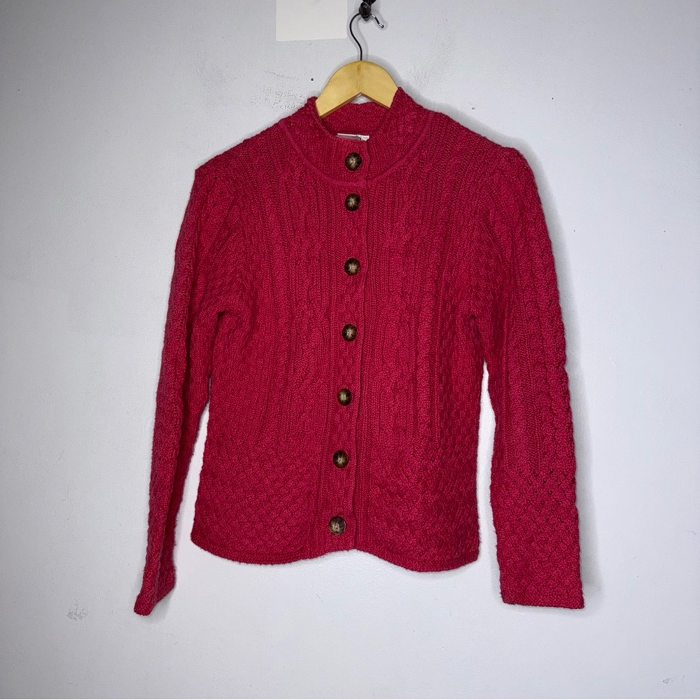 Talbots Pink Cable‎ Knit Cotton Cardigan Mock Neck Medium Petite